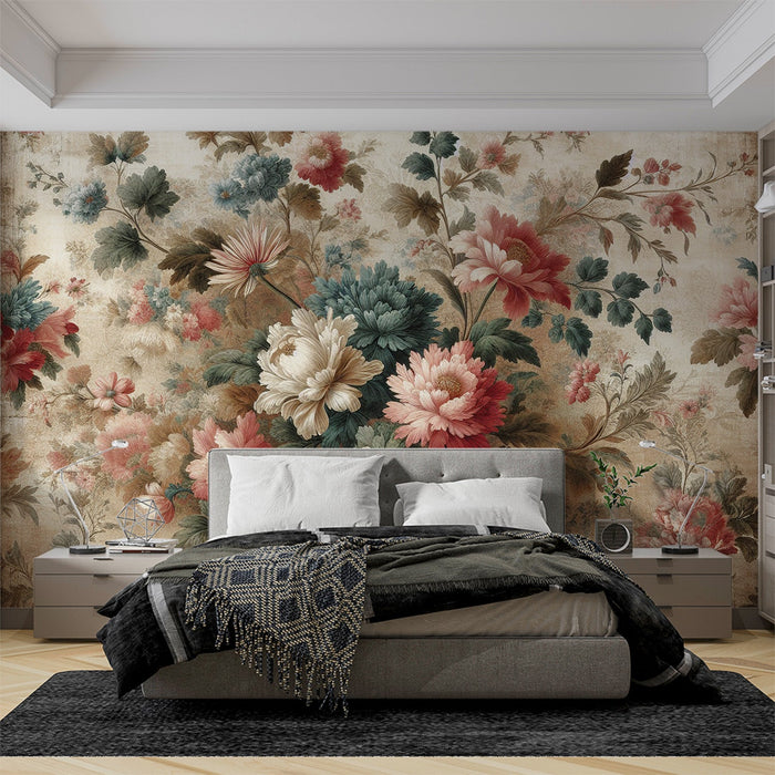 Vintage-florale-Mural-Tapete | Mehrfarbige Blüten mit vintage gealtertem Hintergrund