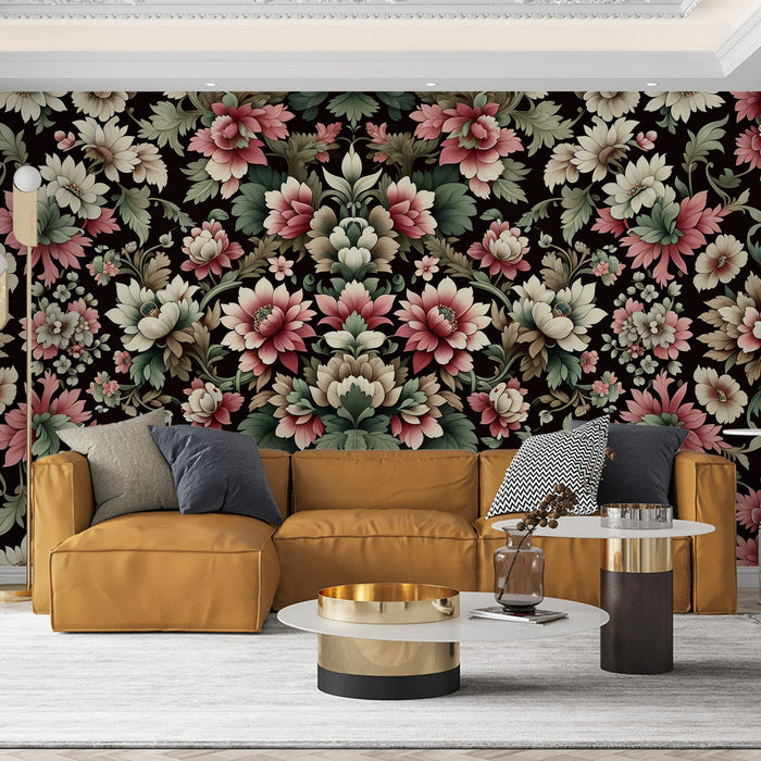 Vintage Floral Mural Wallpaper | Pink, White, and Green on Black Background