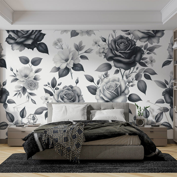 Papel de parede mural vintage | Rosas e folhas pretas e brancas