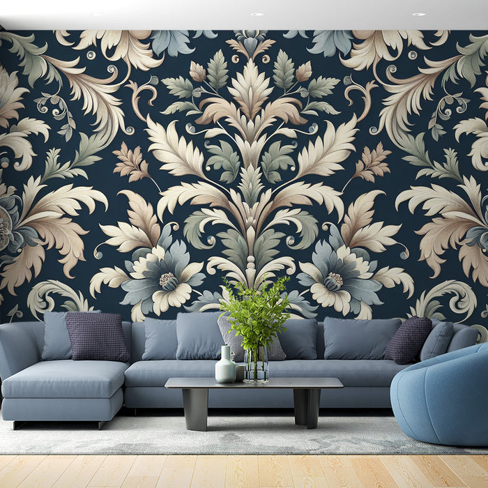 Vintage Floral Mural Wallpaper | Lily Flower Style on Midnight Blue Background