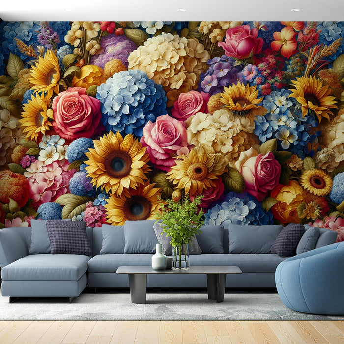Papel pintado mural vintage | Girasoles, rosas y flores coloridas
