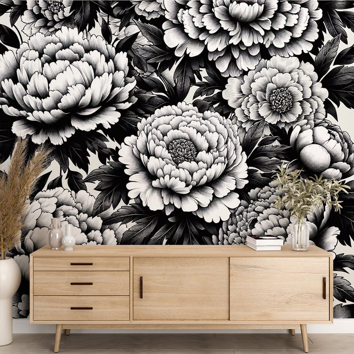 Papel pintado vintage en blanco y negro con flores | Crisantemos blancos