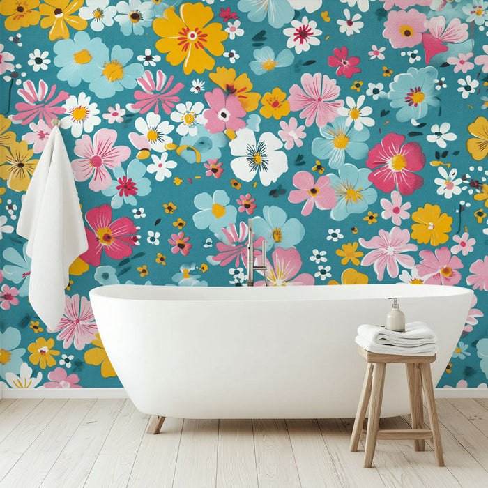 Ταπετσαρία μπάνιου | Μικρά πολύχρωμα λουλούδια σε μπλε φόντο