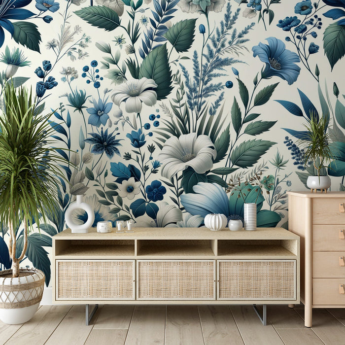 Flower Mural Wallpaper | Green, Blue, and White Foliage and Petals