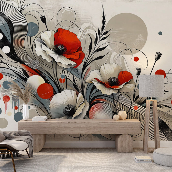 Papel de parede com mural de flores | Pétalas vermelhas e brancas com design abstrato
