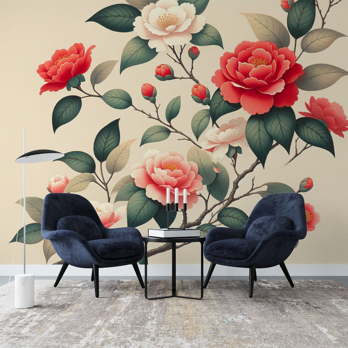 Japanese Flower Mural Wallpaper | Camellia Branch