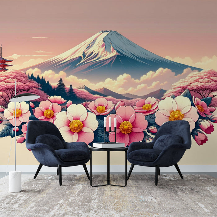 Papel de parede com mural de flores japonesas | Flores de Kosumosu e Monte Fuji
