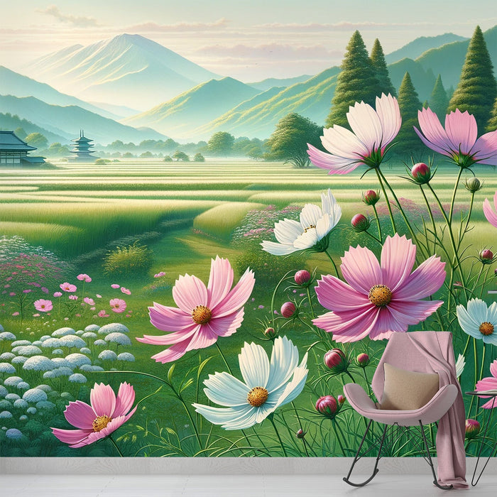 Papel de parede com mural de flores japonesas | Flores Kosumosu rosa e brancas com montanha