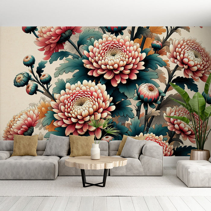 Japanska Flower Mural Wallpaper | Rosa Kiku Blommor
