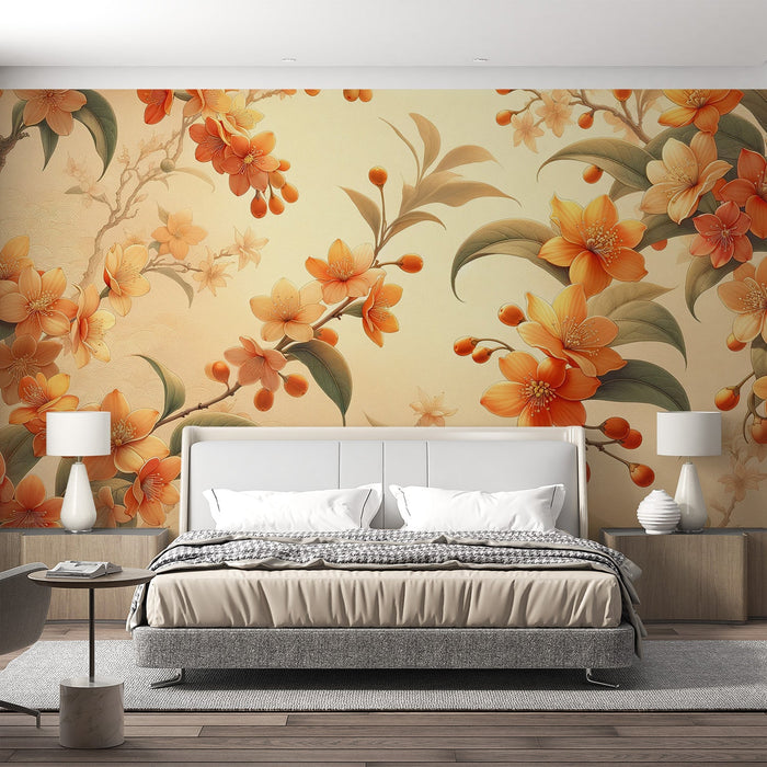 Papel de parede Mural Flores Japonesas | Flores de Camélia e Fundo de Ondas Amarelas