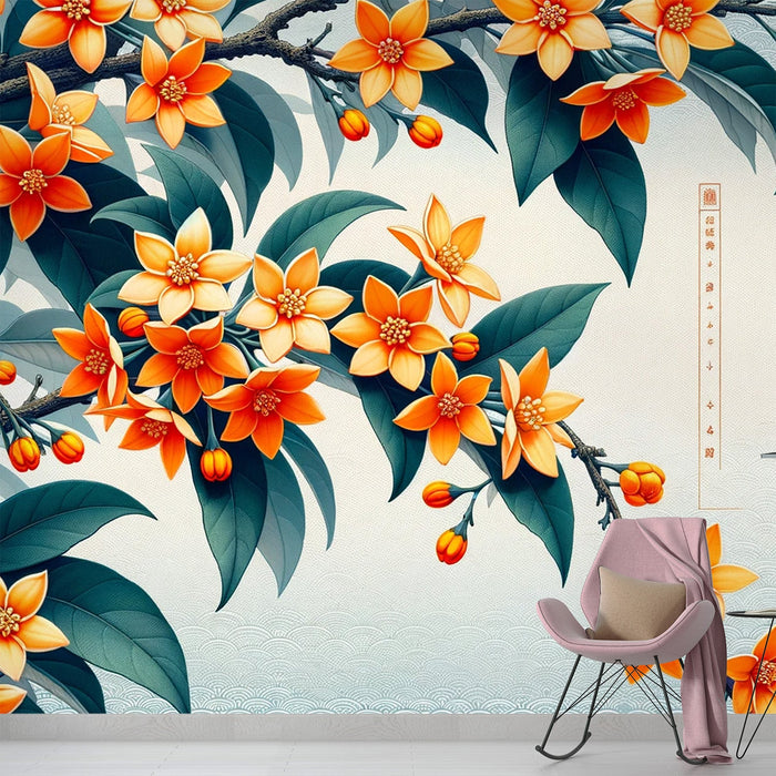 Japanese Flower Mural Wallpaper | Orange Camellia Flowers with Waves