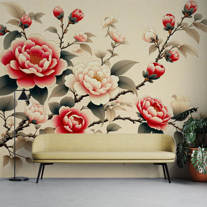 Papel de parede com mural de flores japonesas | Flores de Camélia rosa e branca