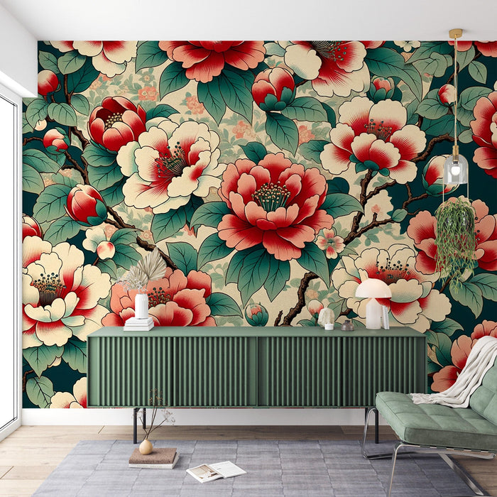 Japanese Flower Mural Wallpaper | Vintage Style Camellia Flowers