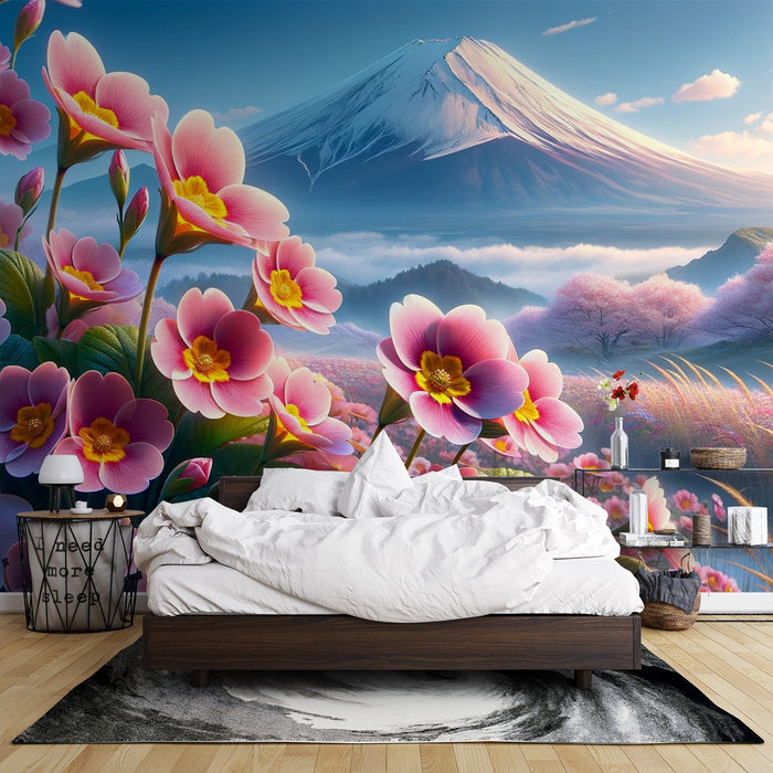 Japanskt blommigt tapet | Rosa blommor och Mount Fuji
