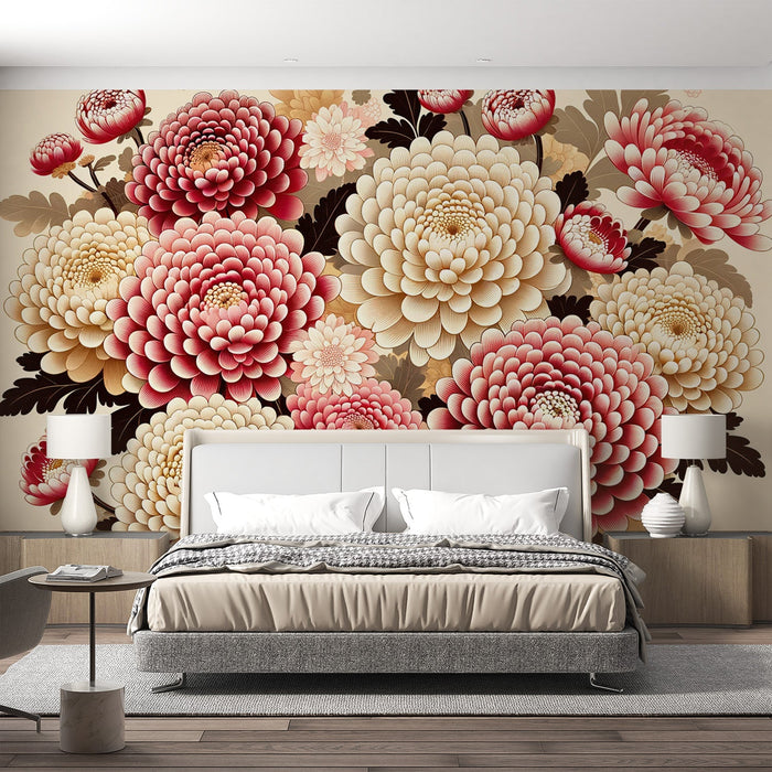 Papel pintado de mural de flores japonesas | Grandes flores de crisantemo rosa y blanco
