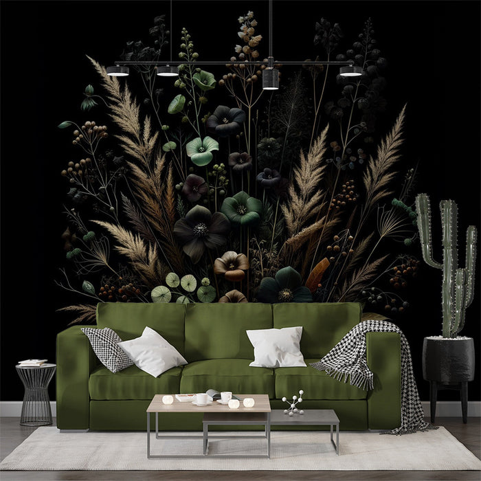 Green Flower Mural Wallpaper | Verdant Toned Bouquet on Black Background