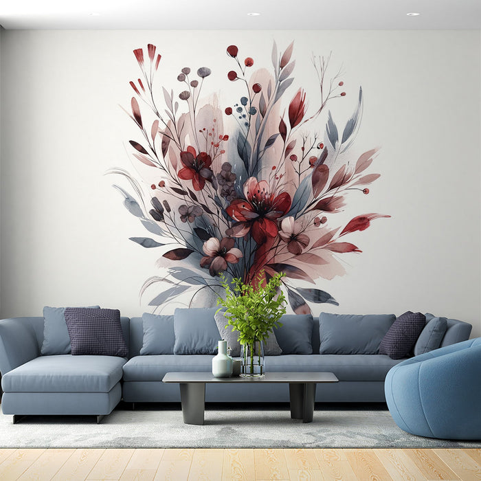 Floral Mural Wallpaper | Red and Gray Watercolor Composition