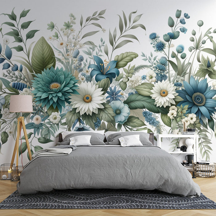 Blomstermålning Tapet | Grön, vit och blå blomster- och lövkomposition