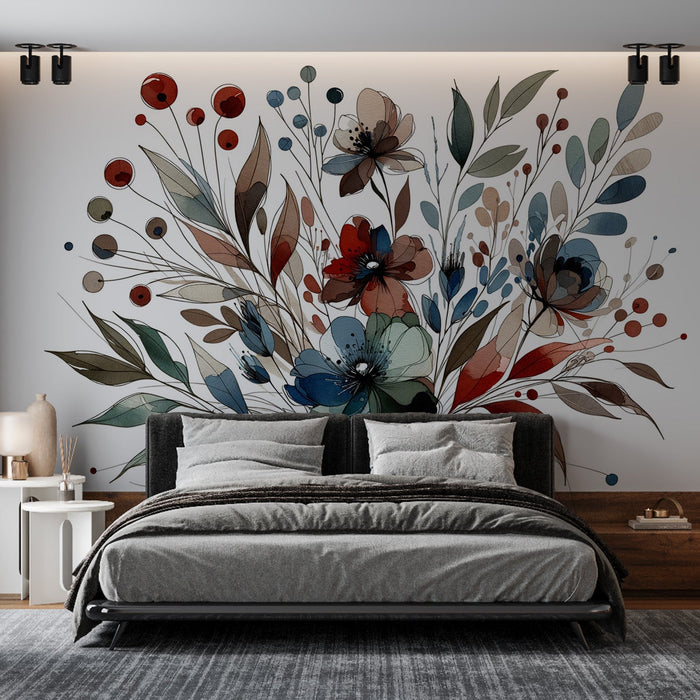 Blommig Tapet | Akvarell Dämpade Toner Bladverk och Blomblad