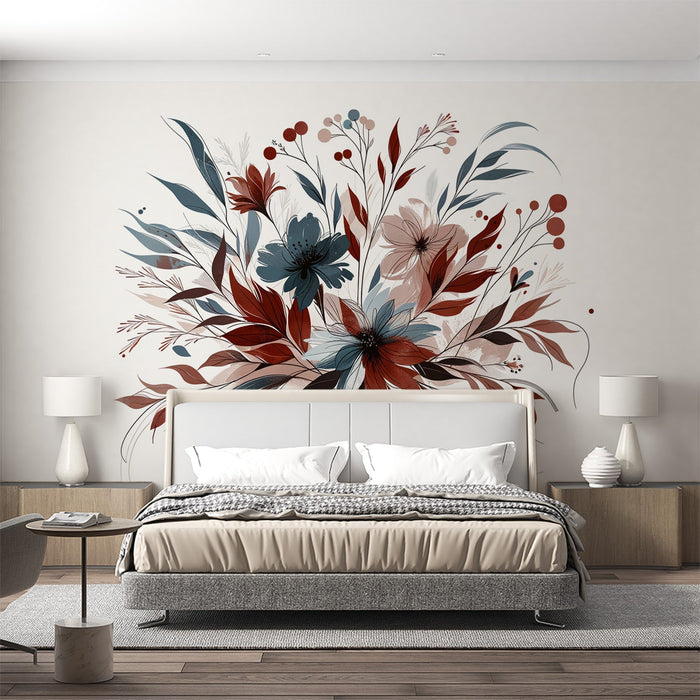 Papel de parede floral | Folhagem e pétalas vermelhas, azuis e rosa