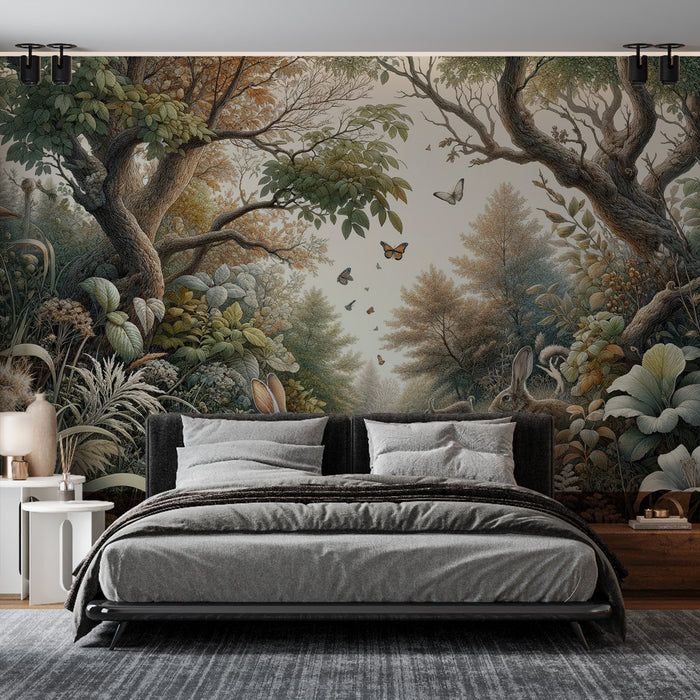 Forest Mural Wallpaper | Rabbits and Lush Flora with Butterflies in Flight