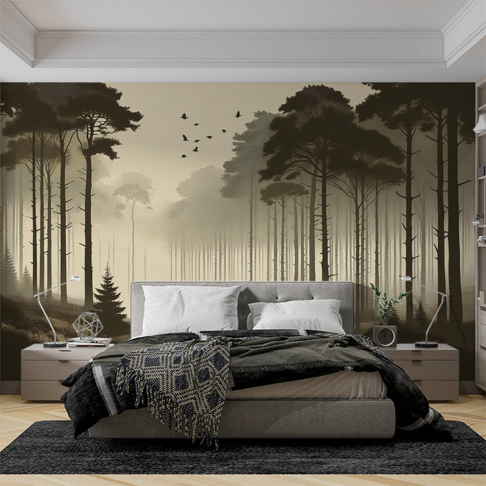 Forest Mural Wallpaper | Massive Trees and Beige Tones