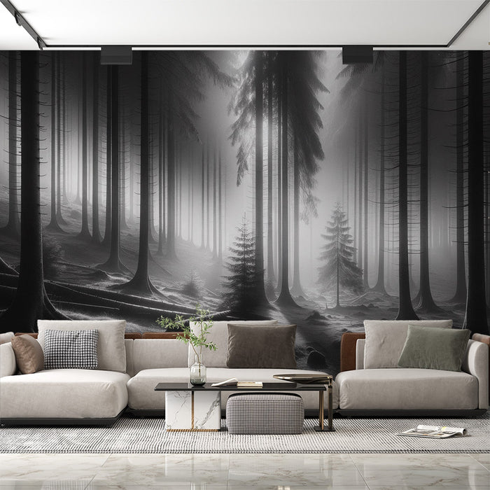 Forest Mural Wallpaper | Mysterious Mist with Black and White Trees