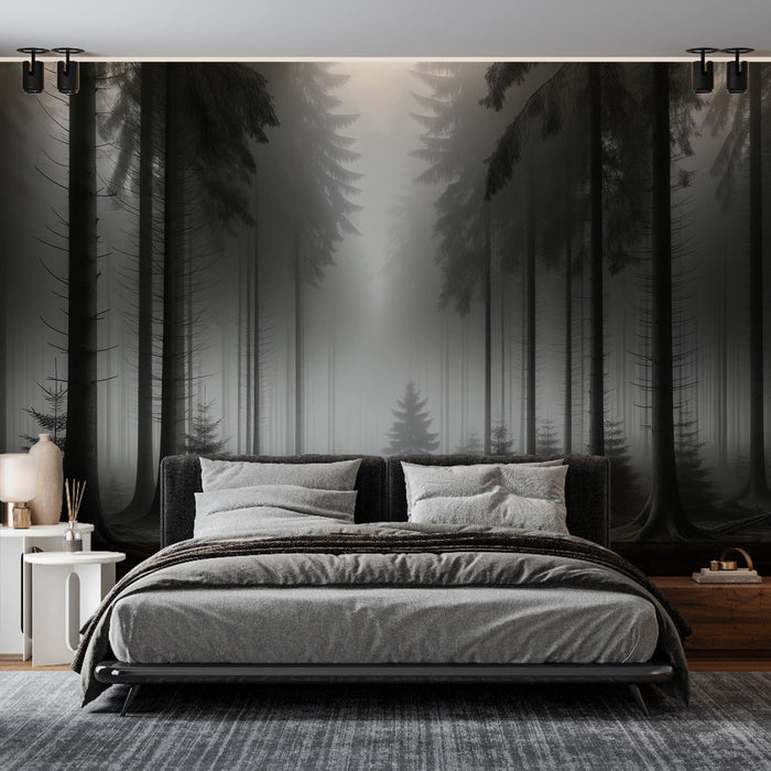 Forest Mural Wallpaper | Mysterious Mist Amongst Tall Black and White Conifers