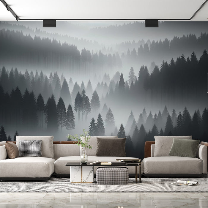 Forest Mural Wallpaper | Mysterious Mist Among Gray Conifers