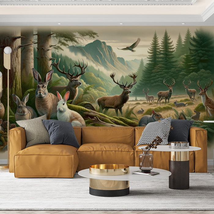 Forest Mural Wallpaper | Deer and Rabbits with Green Mountain Landscape