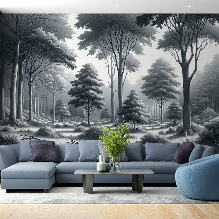 Bos Foto Behang | Grijs contrasteert met gedetailleerde bomen en pollen gras
