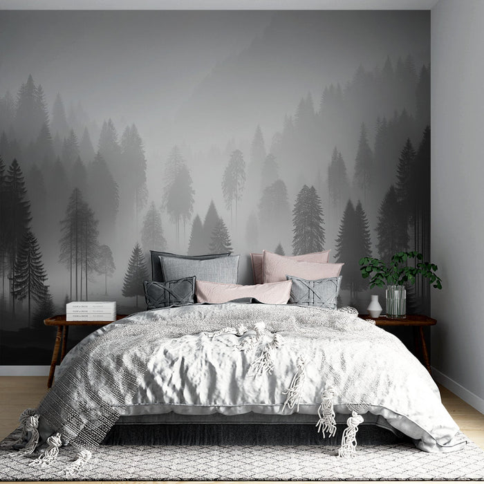 Papel de parede Floresta Nebulosa | Floresta Fantasmagórica em Tons de Cinza