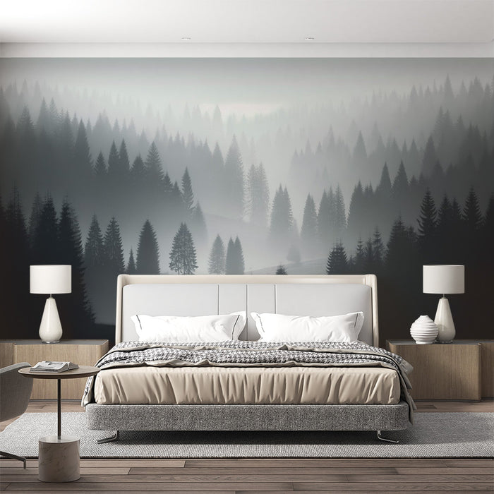 Papel de parede da Floresta Nebulosa | Paisagem de floresta em tons de cinza com névoa matinal