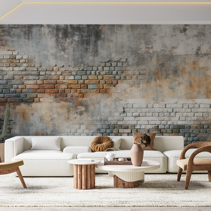Brick Mural Wallpaper | Damaged Stucco with Blue, White, and Red Bricks
