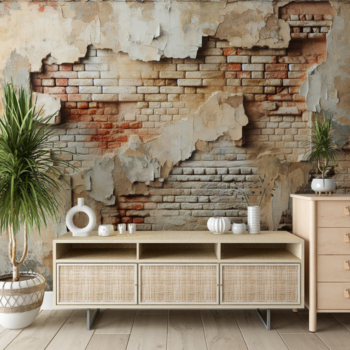 Brick Mural Wallpaper | Damaged Wall with White and Red Bricks