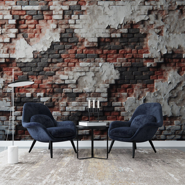 Brick Mural Wallpaper | Wall with Damaged White Stucco and Red and Black Bricks
