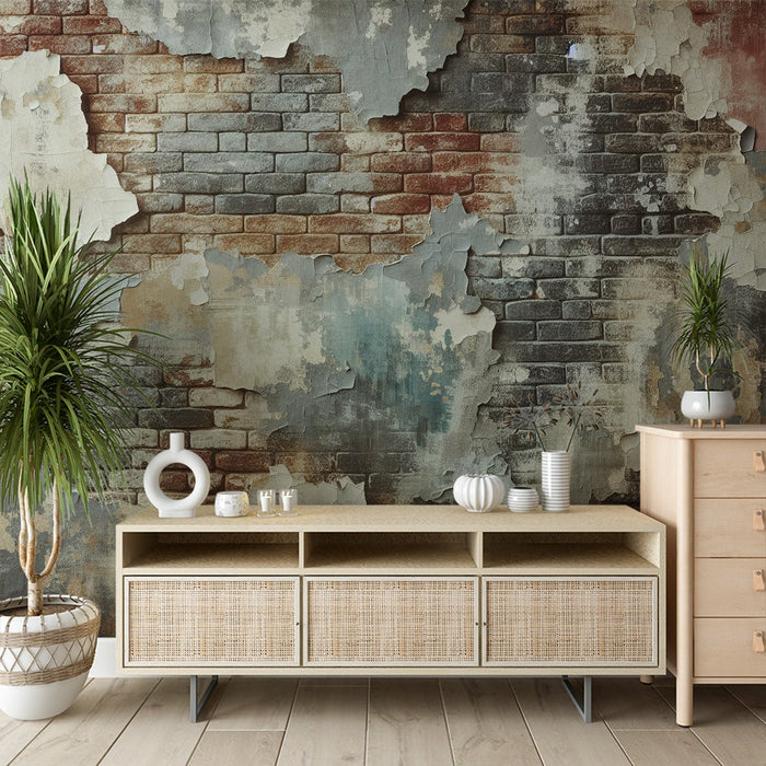 Brick Mural Wallpaper | Wall with Dilapidated Colored Stucco