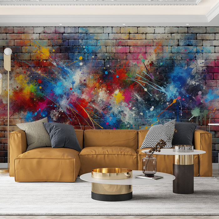 Baksteen Foto Behang | Muur met Kleurrijke Verfexplosie