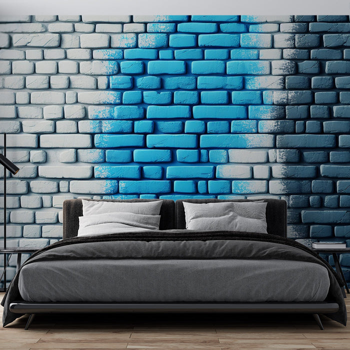Ziegel Wandbild Tapete | Weiße und blau gefärbte Ziegelwand