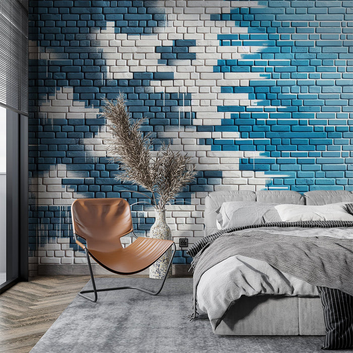Brick Mural Wallpaper | Blue Colored Brick Wall with White Clouds