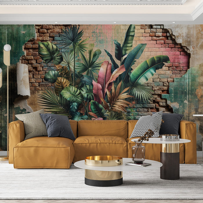 Backstein Tapete | Verfallene Wand mit tropischem Laub