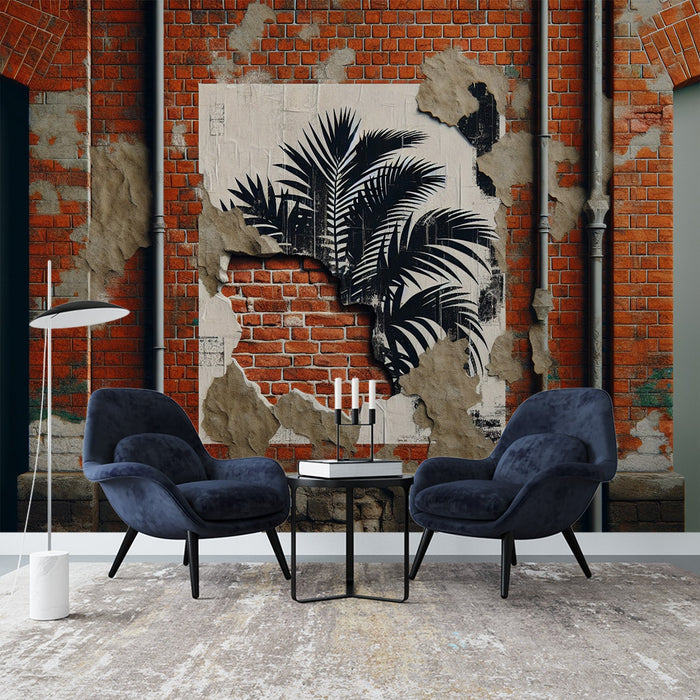 Brick Mural Wallpaper | Optical Illusion with Black and White Foliage Poster