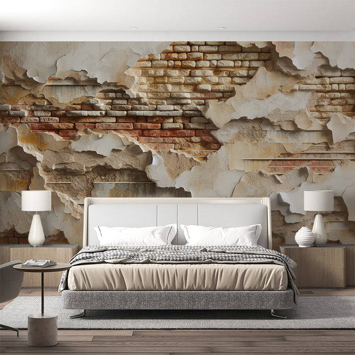 Brick Mural Wallpaper | Crumbling Plaster on Brick Wall