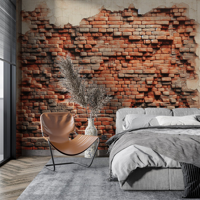 Papel de parede de mural de tijolo de imitação | Parede de tijolo vermelho imperfeita