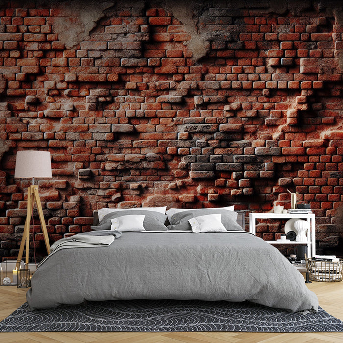 Foto Behang imitatie baksteen | Rode bakstenen muur met beschadigd stucwerk