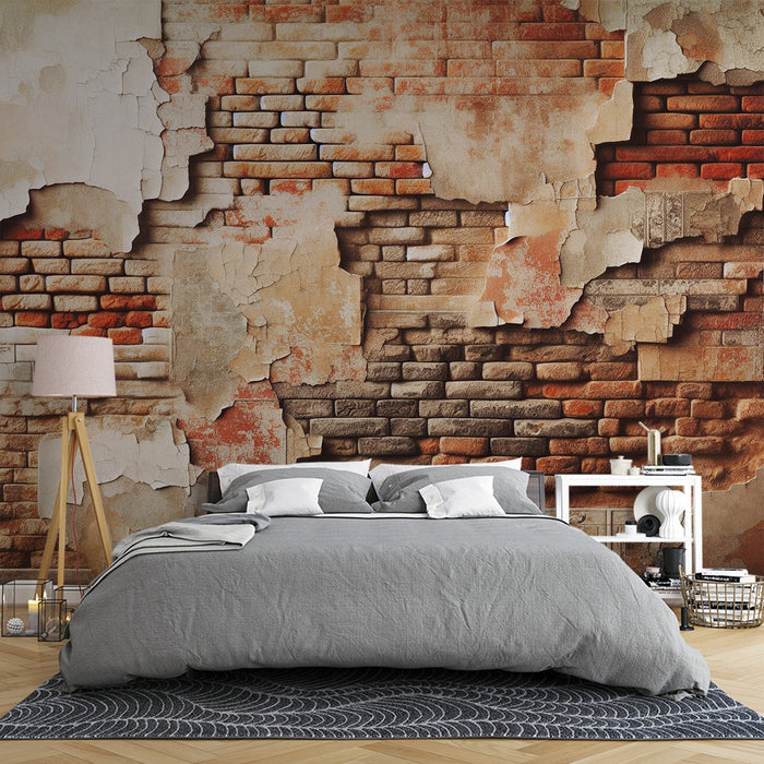 Brick-Effect Mural Wallpaper | Reds and Grays on Dilapidated Wall