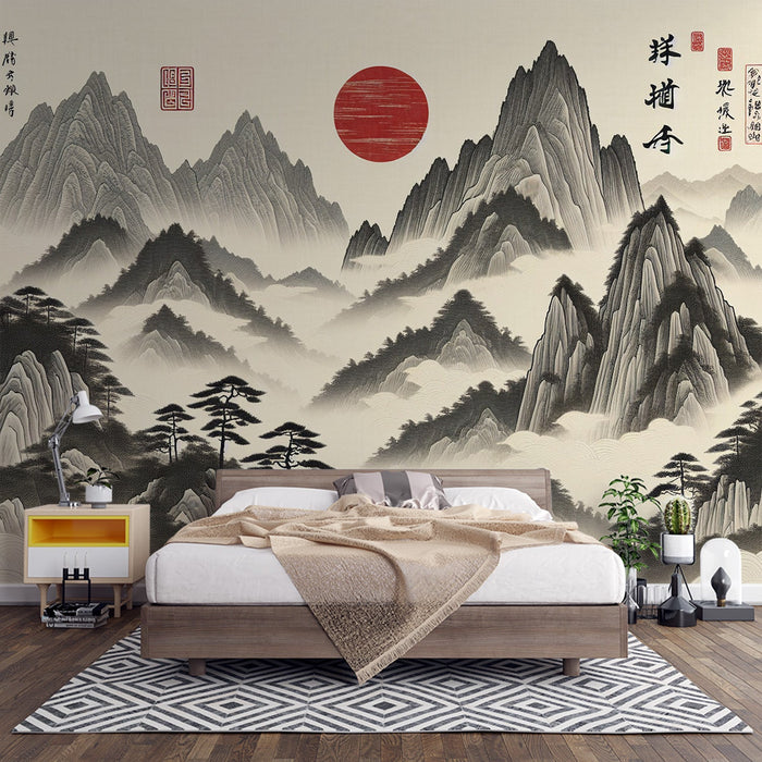 Japanese Mural Wallpaper | Mountainous Panoramic Décor with Japan's Red Sun