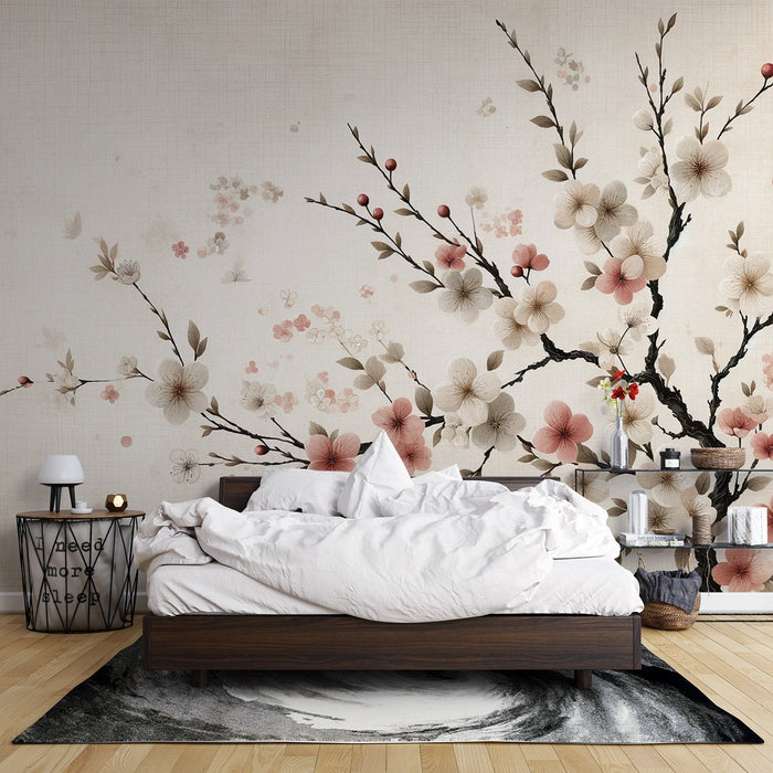 Japanese Mural Wallpaper | Woven Background with White and Pink Sakura Flowers