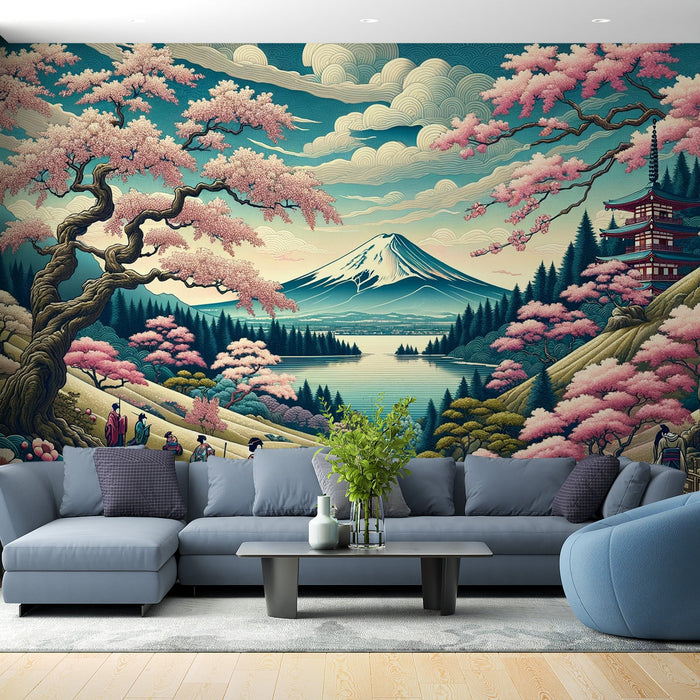 Japanese Mural Wallpaper | Colorful Illustration of Mount Fuji and Mountain Life in Japan