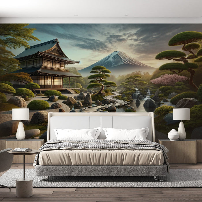 Japanese Mural Wallpaper | Realistic Illustration of a Temple at the Foot of Mount Fuji